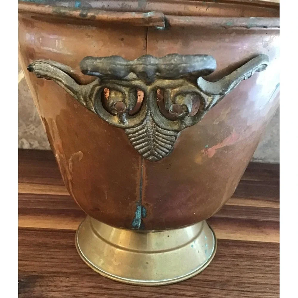 VTG Hammered Copper Bucket Brass Footed Ornate Handles Verdigris Patina 6.75x8.5